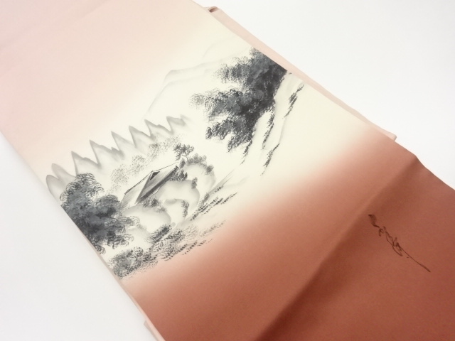 作家物　塩瀬手描き山に木々・民家模様名古屋帯